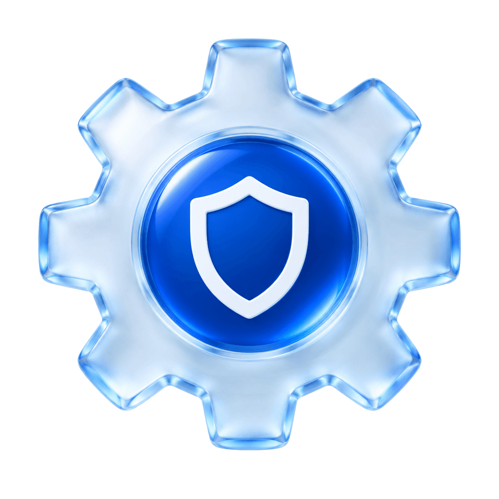 A translucent security gear surrounding a shield