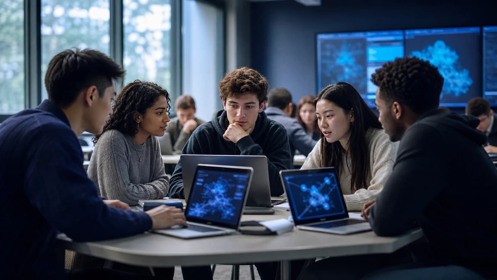 College students collaborating with AI tools during class